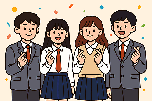 학생 여자 남자 행복 교복 일러스트 청소년 웃음 여러명 친구 즐거움 기념촬영 손하트 단체사진 국내일러스트 AI파일 옷 감정 다수 관계 표정 사람 손짓 사진촬영 기념사진 파일형식 벡터