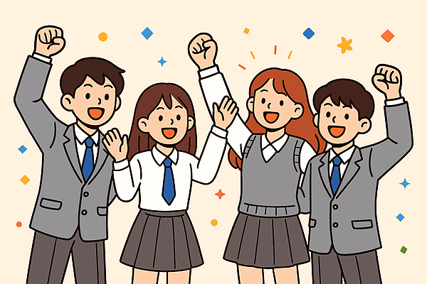 학생 여자 남자 교복 일러스트 청소년 성공 함께함 웃음 여러명 친구 주먹 기쁨 축하 즐거움 국내일러스트 AI파일 옷 감정 다수 컨셉 관계 모션 표정 사람 파일형식 벡터