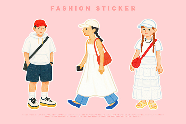 전신 PSD 여자 남자 분홍색 운동화 스티커 일러스트 반바지 땋은머리 세명 유행 반팔티셔츠 크로스백 개성 후드티셔츠 코디 나시원피스 엘리먼트 캡모자 국내일러스트 모자_잡화 헤어스타일 원피스 패션 컬러 신발 티셔츠 가방 바지 사람 파일형식