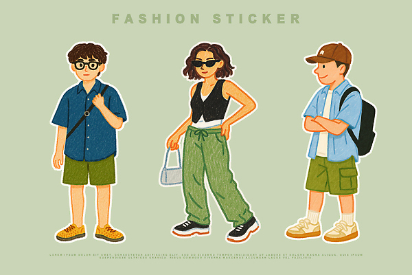 전신 PSD 여자 남자 스티커 셔츠 일러스트 반바지 세명 초록색 선글라스 민소매 유행 핸드백 크로스백 개성 백팩 코디 엘리먼트 캡모자 국내일러스트 모자_잡화 패션 안경 컬러 상의 가방 바지 사람 파일형식
