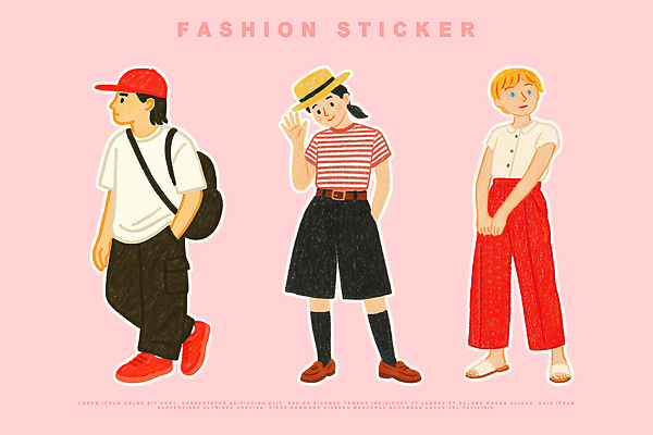 전신 PSD 여자 남자 분홍색 운동화 스티커 일러스트 슬리퍼 세명 유행 반팔티셔츠 주머니손 손인사 개성 백팩 코디 단화 엘리먼트 챙모자 캡모자 와이드팬츠 국내일러스트 모자_잡화 패션 컬러 신발 티셔츠 가방 바지 모션 사람 인사 여성화 파일형식