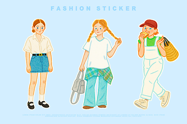 전신 PSD 여자 하늘색 스티커 셔츠 일러스트 땋은머리 세명 유행 반팔티셔츠 먹기 멜빵바지 개성 백팩 청치마 코디 비치백 엘리먼트 캡모자 국내일러스트 모자_잡화 헤어스타일 패션 상의 티셔츠 가방 바지 모션 사람 파란색 치마 멜빵 파일형식 가방_잡화