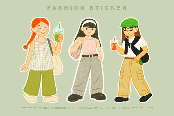 전신 PSD 여자 남자 음료 스티커 일러스트 들기 세명 초록색 민소매 유행 반팔티셔츠 머리띠 주머니손 크로스백 화사함 개성 코디 빵모자 에코백 엘리먼트 와이드팬츠 국내일러스트 모자_잡화 패션 컬러 컨셉 상의 티셔츠 가방 장신구 바지 모션 사람 에코 파일형식
