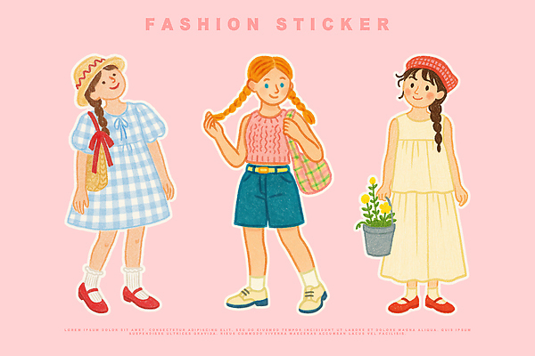 전신 PSD 여자 화분 분홍색 스티커 일러스트 반바지 세명 유행 밀짚모자 체크무늬 화사함 개성 베레모 코디 단화 민소매원피스 비치백 에코백 엘리먼트 국내일러스트 모자_잡화 원피스 패션 컬러 신발 컨셉 무늬 가방 바지 사람 민소매 여성화 에코 파일형식 가방_잡화