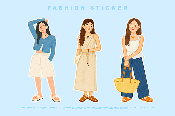 전신 PSD 드레스 여자 포즈 하늘색 스티커 일러스트 반바지 슬리퍼 세명 유행 핸드백 카디건 주머니손 크로스백 개성 숄더백 코디 민소매원피스 배꼽티 엘리먼트 와이드팬츠 국내일러스트 옷 원피스 패션 신발 가방 바지 모션 사람 파란색 민소매 외투 파일형식