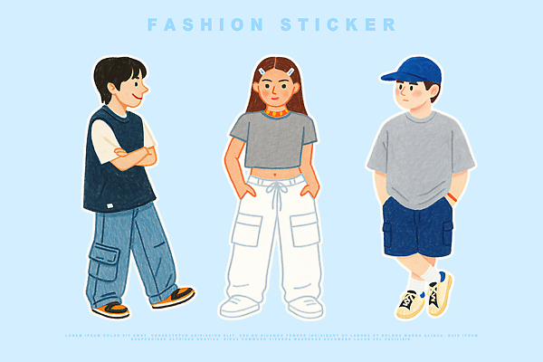 전신 PSD 여자 남자 하늘색 스티커 일러스트 반바지 세명 유행 팔짱 다리꼬기 반팔티셔츠 조끼 머리핀 주머니손 개성 코디 배꼽티 엘리먼트 캡모자 와이드팬츠 국내일러스트 모자_잡화 패션 티셔츠 장신구 바지 모션 사람 파란색 외투 파일형식