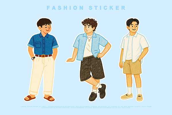 전신 PSD 여자 남자 하늘색 스티커 셔츠 일러스트 반바지 슬리퍼 세명 유행 반팔티셔츠 스니커즈 주머니손 개성 코디 엘리먼트 손짚기 국내일러스트 패션 운동화 신발 상의 티셔츠 바지 모션 사람 손짓 파란색 파일형식