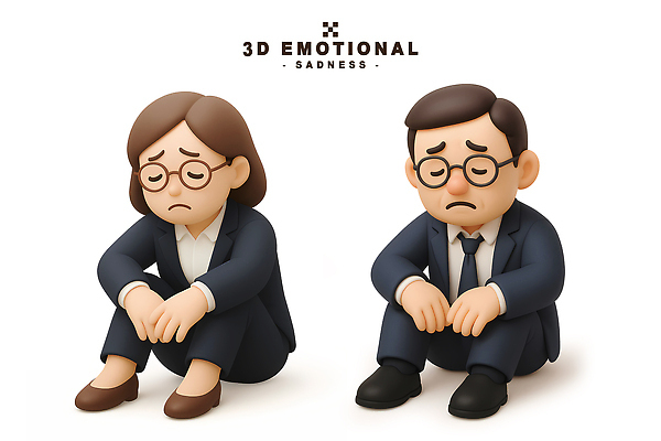 PSD 편집이미지 여자 남자 3D캐릭터 앉기 정장 두명 3D 슬픔 웅크림 심리 우울감 편집3D 캐릭터 옷 감정 모션 사람 디지털합성 파일형식