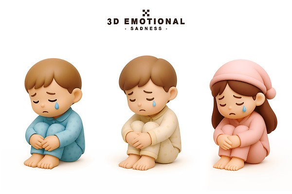 PSD 편집이미지 모자 여자 남자 어린이 3D캐릭터 세명 3D 잠옷 슬픔 눈물 웅크림 우울감 편집3D 캐릭터 잡화 옷 감정 모션 사람 디지털합성 파일형식