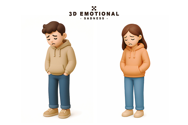 PSD 편집이미지 여자 남자 3D캐릭터 고개숙이기 두명 3D 슬픔 주머니손 심리 우울감 편집3D 캐릭터 감정 모션 숙이기 사람 디지털합성 파일형식
