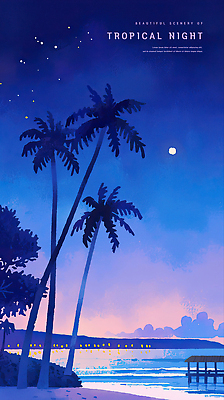 PSD 구름 야경 일러스트 하늘 해변 사람없음 파란색 야자수 보라색 달 별빛 여름밤 국내일러스트 자연요소 나무 별 바다 컬러 여름 빛 야간 파일형식 풍경_경치