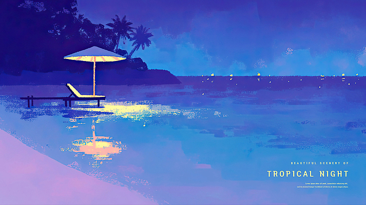 PSD 나무 섬 야경 일러스트 하늘 해변 사람없음 파란색 빛 반사 보라색 고요 파라솔 선베드 여름밤 국내일러스트 식물 바다 컬러 의자 여름 야간 파일형식 풍경_경치