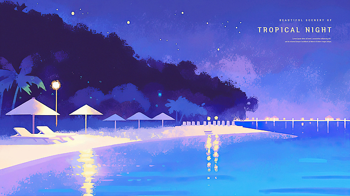 PSD 섬 야경 가로등 일러스트 하늘 해변 사람없음 파란색 빛 야자수 반사 보라색 파라솔 선베드 여름밤 국내일러스트 나무 공공시설 바다 컬러 의자 여름 야간 파일형식 풍경_경치