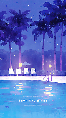 PSD 야경 일러스트 하늘 조명 수영장 사람없음 파란색 야자수 반사 보라색 고요 파라솔 선베드 별빛 여름밤 국내일러스트 나무 별 컬러 의자 여름 빛 야간 파일형식 풍경_경치