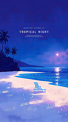 PSD 야경 일러스트 밤하늘 해변 사람없음 파란색 야자수 반사 보라색 달빛 선베드 여름밤 국내일러스트 나무 바다 컬러 의자 하늘 여름 달 야간 파일형식 풍경_경치