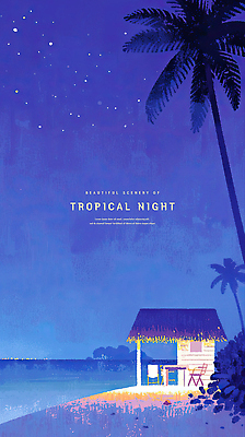 PSD 바다 야경 의자 일러스트 탁자 밤하늘 주택 사람없음 파란색 야자수 보라색 여름밤 국내일러스트 나무 컬러 가구 하늘 건물 여름 야간 파일형식 풍경_경치