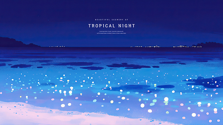 PSD 야경 일러스트 밤하늘 해변 사람없음 파란색 빛 여름밤 윤슬 국내일러스트 물결 바다 컬러 하늘 여름 야간 파일형식 풍경_경치