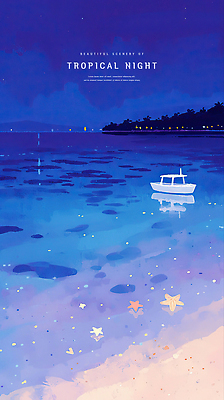 PSD 야경 일러스트 밤하늘 불가사리 해변 사람없음 파란색 반사 보라색 여름밤 선박 국내일러스트 바다 컬러 수상교통 하늘 극피동물 여름 야간 파일형식 풍경_경치