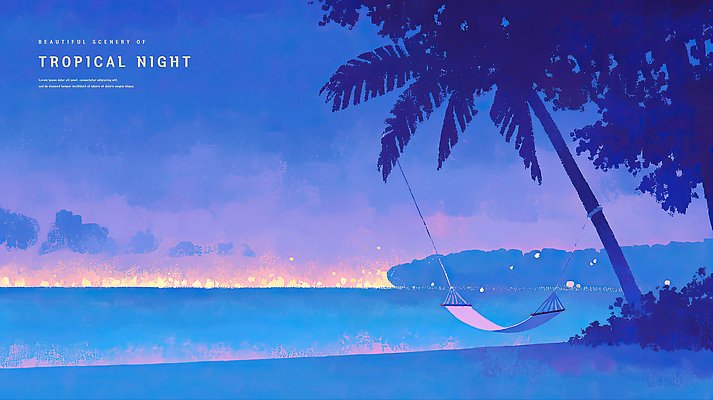 PSD 일러스트 밤하늘 해변 사람없음 야자수 보라색 일몰 해먹 여름밤 국내일러스트 나무 바다 컬러 하늘 여름 노을 침대 야간 파일형식