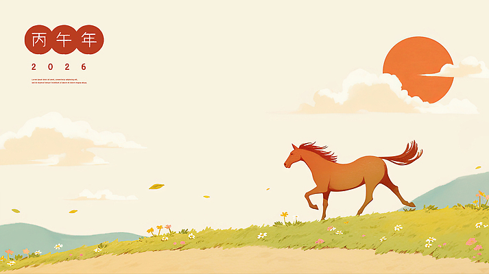 PSD 구름 꽃밭 일러스트 하늘 수채화 산 잔디 사람없음 달리기 태양 한자 베이지색 국내일러스트 병오년 붉은말 자연요소 식물 문자 꽃 컬러 모션 말_동물 파일형식 2026년