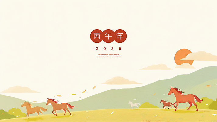 PSD 구름 여러마리 일러스트 하늘 나뭇잎 수채화 산 초원 사람없음 달리기 태양 한자 베이지색 국내일러스트 병오년 붉은말 자연요소 문자 컬러 다수 잎 모션 말_동물 파일형식 2026년