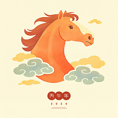 PSD 구름 일러스트 하늘 수채화 사람없음 머리 한자 베이지색 국내일러스트 병오년 붉은말 자연요소 문자 컬러 신체부위 말_동물 파일형식 2026년