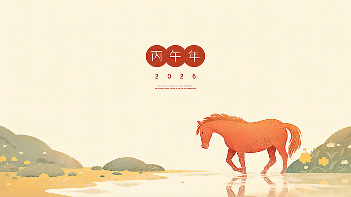 PSD 꽃 일러스트 수채화 사람없음 반사 걷기 한자 바위 수면 베이지색 국내일러스트 병오년 붉은말 식물 문자 컬러 모션 물 돌_바위 말_동물 파일형식 2026년