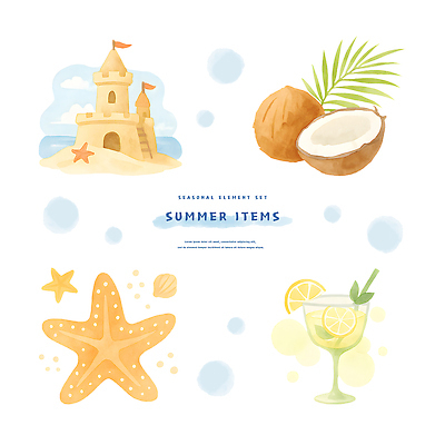 PSD 구름 잎 일러스트 하늘 조개 수채화 불가사리 빨대 사람없음 여름휴가 칵테일 칵테일잔 코코넛 모래성 레몬장식 엘리먼트 국내일러스트 자연요소 식물 모래 술잔 과일 휴가 어패류 극피동물 주류 장식 레몬 파일형식 여름_계절