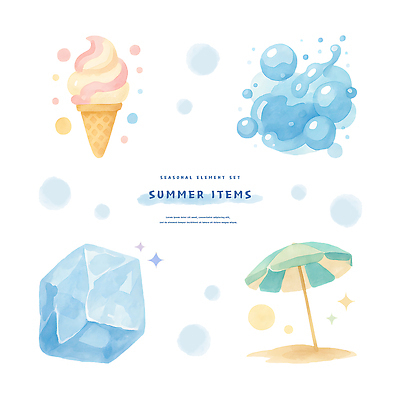 PSD 모래 일러스트 수채화 사람없음 물 여름휴가 반짝임 물방울 파라솔 콘아이스크림 엘리먼트 국내일러스트 자연요소 모션 휴가 아이스크림 파일형식 여름_계절