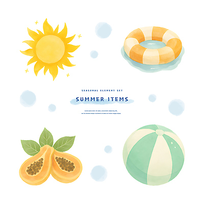 PSD 잎 일러스트 수채화 사람없음 물 여름휴가 태양 비치발리볼 튜브 엘리먼트 파파야 국내일러스트 자연요소 식물 휴가 비치볼 배구 열대과일 파일형식 여름_계절