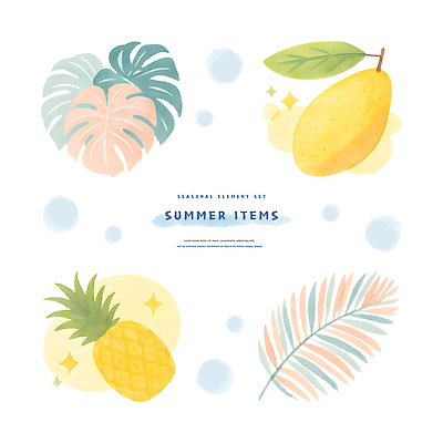 PSD 일러스트 수채화 사람없음 여름휴가 반짝임 파인애플 망고 엘리먼트 열대잎 국내일러스트 잎 과일 모션 휴가 열대과일 파일형식 여름_계절
