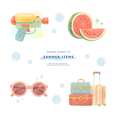 PSD 일러스트 수채화 사람없음 여름휴가 선글라스 캐리어 물총 수박조각 엘리먼트 국내일러스트 안경 조각 휴가 수박 여행가방 파일형식 여름_계절
