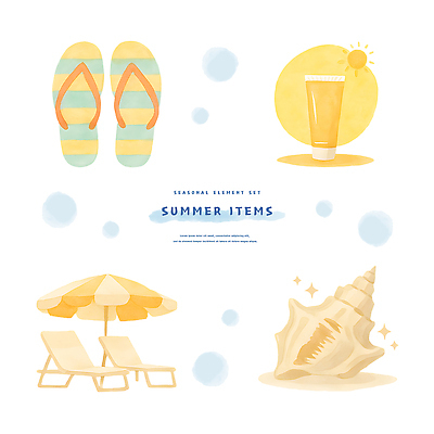 PSD 일러스트 수채화 사람없음 여름휴가 반짝임 태양 파라솔 소라 쪼리 선크림 선베드 엘리먼트 국내일러스트 자연요소 의자 모션 휴가 어패류 화장품 샌들 파일형식 여름_계절