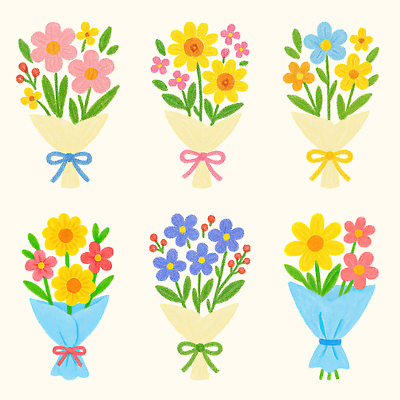 PSD 리본 꽃다발 스티커 잎 일러스트 사람없음 세트 컬러풀 오브젝트 그림 국내일러스트 식물 꽃 컬러 파일형식