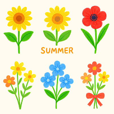 PSD 리본 스티커 잎 일러스트 해바라기 사람없음 여름 세트 컬러풀 오브젝트 그림 양귀비 국내일러스트 식물 계절 꽃 컬러 파일형식