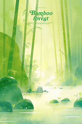 PSD 일러스트 자연 수채화 사람없음 초록색 강 평화 안개 돌_바위 대나무숲 국내일러스트 컬러 컨셉 날씨 숲 대나무 생태계 파일형식