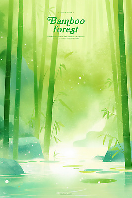 PSD 일러스트 자연 수채화 사람없음 초록색 강 평화 돌_바위 대나무숲 국내일러스트 컬러 컨셉 숲 대나무 생태계 파일형식