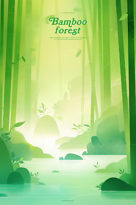 PSD 일러스트 자연 수채화 풍경 사람없음 초록색 강 고요 돌_바위 숲속 대나무숲 국내일러스트 컬러 숲 대나무 생태계 파일형식