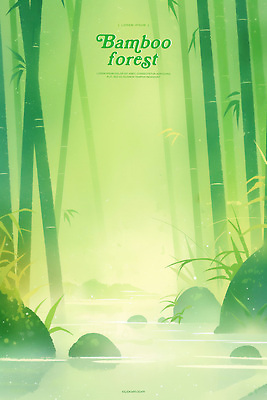 PSD 일러스트 자연 수채화 풍경 사람없음 초록색 강 평화 안개 돌_바위 숲속 대나무숲 국내일러스트 컬러 컨셉 날씨 숲 대나무 생태계 파일형식