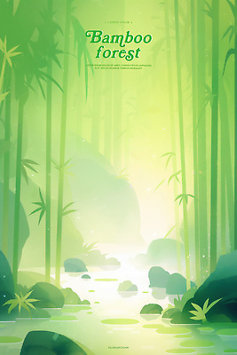 PSD 일러스트 자연 수채화 사람없음 초록색 강 고요 돌_바위 숲속 대나무숲 국내일러스트 컬러 숲 대나무 생태계 파일형식