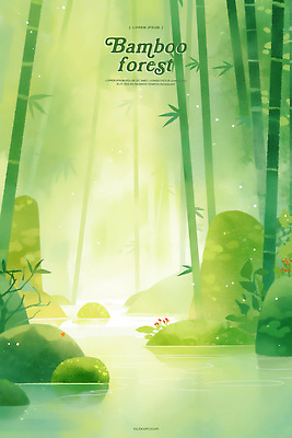 PSD 일러스트 자연 수채화 사람없음 초록색 강 고요 돌_바위 바위 숲속 대나무숲 국내일러스트 컬러 숲 대나무 생태계 파일형식