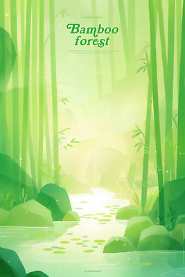 PSD 일러스트 자연 수채화 풍경 사람없음 초록색 강 평화 돌_바위 대나무숲 국내일러스트 컬러 컨셉 숲 대나무 생태계 파일형식