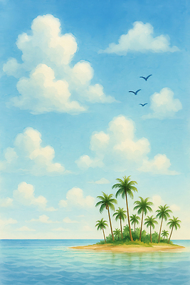 JPG 구름 섬 하늘색 일러스트 자연 조류 하늘 열대 해변 사람없음 야자수 햇빛 맑음 여름풍경 힐링 화창 국내일러스트 AI일러스트 AI콘텐츠 자연요소 나무 동물 바다 날씨 풍경 파란색 태양 생태계 파일형식 여름_계절