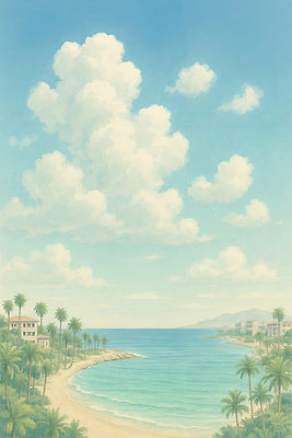 JPG 구름 여행 하늘색 일러스트 자연 하늘 리조트 따뜻함 해변 사람없음 건물 야자수 맑음 여름풍경 화창 국내일러스트 AI일러스트 AI콘텐츠 자연요소 나무 건축물 바다 날씨 풍경 파란색 생태계 파일형식 여름_계절
