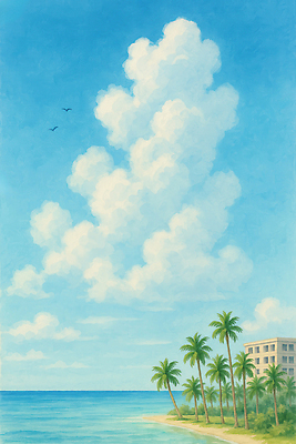 JPG 구름 여행 하늘색 일러스트 자연 하늘 리조트 해변 사람없음 건물 야자수 맑음 여름풍경 화창 국내일러스트 AI일러스트 AI콘텐츠 자연요소 나무 건축물 바다 날씨 풍경 파란색 생태계 파일형식 여름_계절