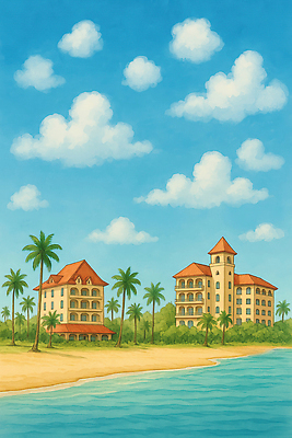 JPG 구름 여행 하늘색 일러스트 자연 하늘 호텔 리조트 열대 해변 사람없음 야자수 햇빛 맑음 여름풍경 도시 화창 국내일러스트 AI일러스트 AI콘텐츠 자연요소 나무 바다 숙소 날씨 풍경 파란색 태양 생태계 파일형식 여름_계절