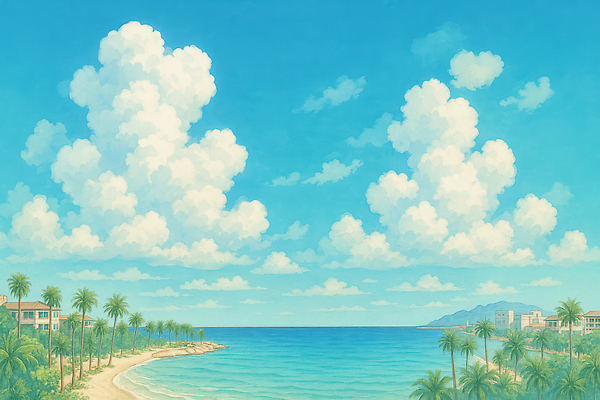 JPG 구름 섬 여행 하늘색 일러스트 자연 하늘 리조트 열대 해변 사람없음 건물 야자수 햇빛 맑음 여름풍경 화창 차분 국내일러스트 AI일러스트 AI콘텐츠 자연요소 나무 건축물 바다 컨셉 날씨 풍경 파란색 태양 생태계 파일형식 여름_계절