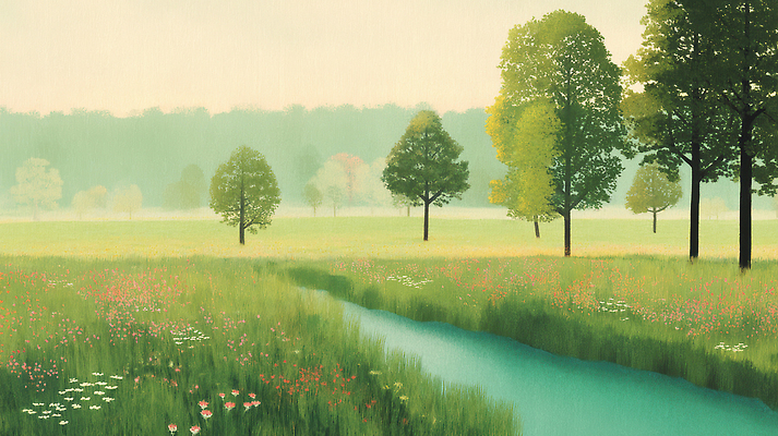 JPG 나무 구름 꽃 여유 일러스트 자연 잔디 초원 사람없음 초록색 햇빛 평화 환경 여름풍경 산책 들꽃 시골 개울 분위기 숲 감성 싱그러움 국내일러스트 AI일러스트 AI콘텐츠 자연요소 식물 감정 컬러 컨셉 휴식 풍경 강 태양 생태계 파일형식 여름_계절