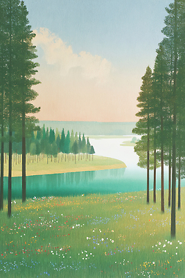 JPG 나무 구름 꽃 여유 나비 일러스트 자연 잔디 초원 사람없음 초록색 강 반사 계곡 고요 여름풍경 들꽃 분위기 숲 감성 싱그러움 국내일러스트 AI일러스트 AI콘텐츠 자연요소 식물 감정 컬러 곤충 컨셉 풍경 생태계 파일형식 여름_계절