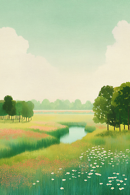 JPG 나무 구름 꽃 일러스트 자연 사람 잔디 초원 사람없음 초록색 물 평화 고요 여름풍경 개울 분위기 숲 감성 싱그러움 국내일러스트 AI일러스트 AI콘텐츠 자연요소 식물 컬러 컨셉 풍경 강 생태계 파일형식 여름_계절